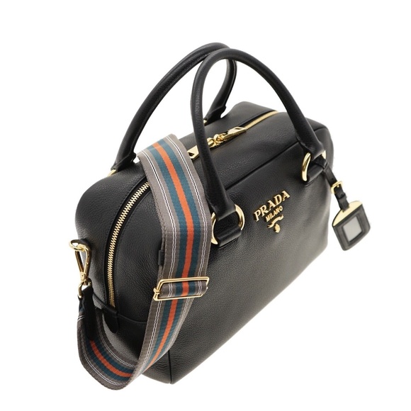 Prada Shoulder Bag Guitar Strap Black Leather Vitello Phenix 1BB086 New - Picture 5 of 7